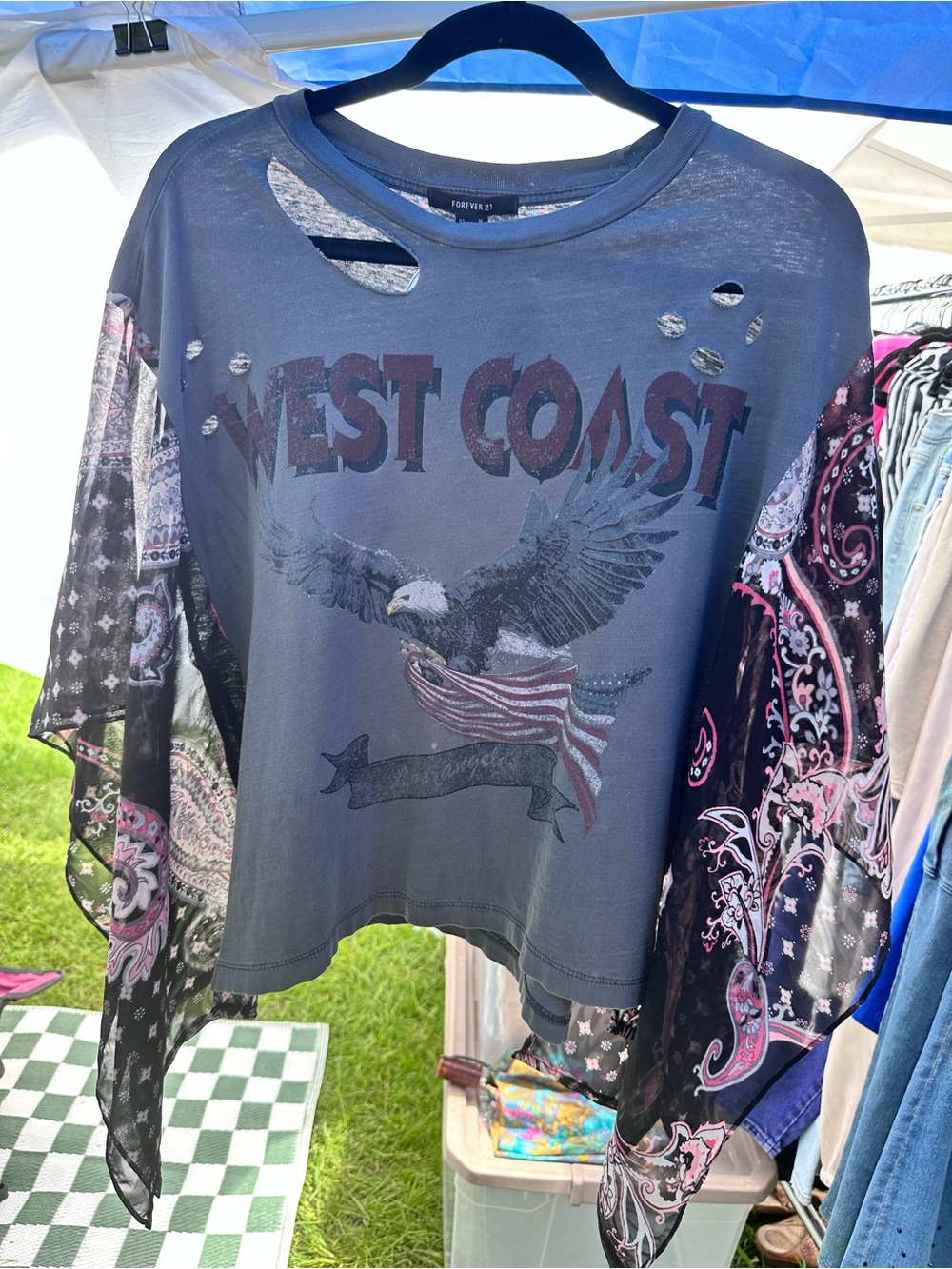 Up-cycled Forever 21 Black Graphic "West Coast" Eagle Top with Paisley Sleeves